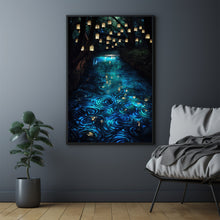 Enchanted Forest Lights and Lanterns by the River Poster - Mystical Landscape Art Print for Tranquil Home Decor