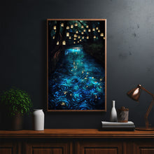 Enchanted Forest Lights and Lanterns by the River Poster - Mystical Landscape Art Print for Tranquil Home Decor