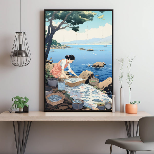 Portrait of Japanese Woman with Fish Poster - Traditional Japanese Art | Elegant Cultural Wall Decor