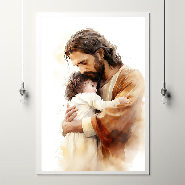 Embrace of Faith Poster - Jesus Holding Child Art Print - Spiritual Christian Wall Decor - Heartwarming Religious Gift - Serene Nursery Inspiration