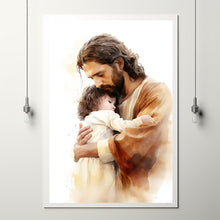 Embrace of Faith Poster - Jesus Holding Child Art Print - Spiritual Christian Wall Decor - Heartwarming Religious Gift - Serene Nursery Inspiration