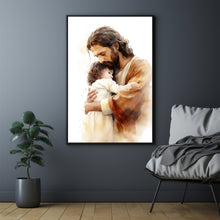 Embrace of Faith Poster - Jesus Holding Child Art Print - Spiritual Christian Wall Decor - Heartwarming Religious Gift - Serene Nursery Inspiration