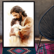 Embrace of Faith Poster - Jesus Holding Child Art Print - Spiritual Christian Wall Decor - Heartwarming Religious Gift - Serene Nursery Inspiration