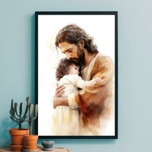 Embrace of Faith Poster - Jesus Holding Child Art Print - Spiritual Christian Wall Decor - Heartwarming Religious Gift - Serene Nursery Inspiration