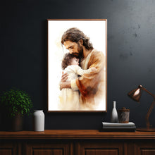 Embrace of Faith Poster - Jesus Holding Child Art Print - Spiritual Christian Wall Decor - Heartwarming Religious Gift - Serene Nursery Inspiration