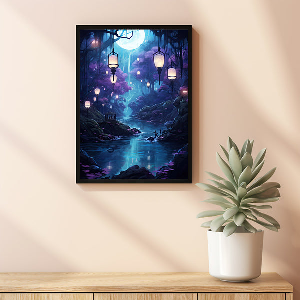 Illuminated Forest Lantern Wall Art - Enchanting Mystical Magical Forest Painting Poster, Dreamy Nature-Inspired Decor
