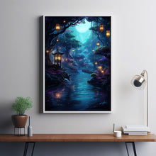 Illuminated Forest Lantern Wall Art - Enchanting Mystical Magical Forest Painting Poster, Dreamy Nature-Inspired Decor