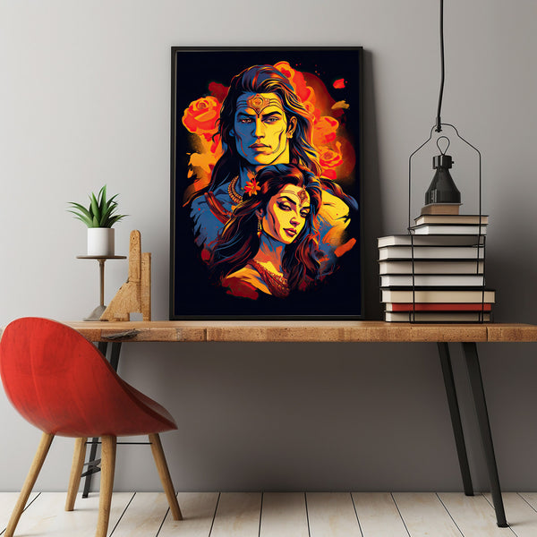 Lord Shiva & Parvati Poster - Divine Light in Mystic Painting, Spiritual Sacred Art for Home Wall Decor, Hindu God Imagery