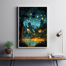 The Dancing Fireflies Poster - Enchanting Mystical Magical City Gardens Painting, Dreamy Nature-Inspired Urban Decor