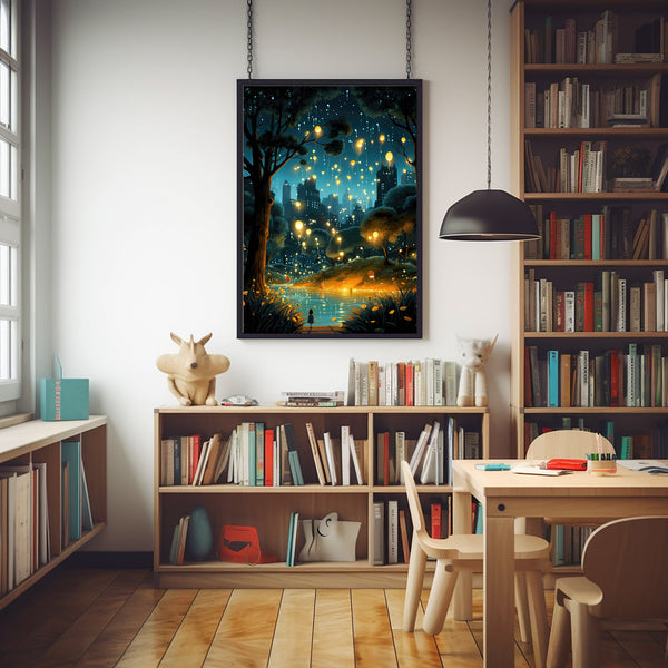 The Dancing Fireflies Poster - Enchanting Mystical Magical City Gardens Painting, Dreamy Nature-Inspired Urban Decor