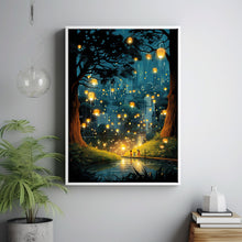 The Dancing Fireflies Poster - Enchanting Mystical Magical City Gardens Painting, Dreamy Nature-Inspired Urban Decor