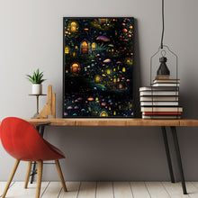Enchanted Magical Forest Poster - Colorful Trees with Fairy Doors and Windows, Whimsical Light-Filled Forest Art for Dreamy Decor