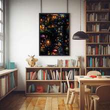 Enchanted Magical Forest Poster - Colorful Trees with Fairy Doors and Windows, Whimsical Light-Filled Forest Art for Dreamy Decor