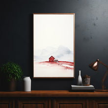 Red House Minimalist Poster - Snow-Capped Mountains Watercolor Art - Modern Scandinavian Style Wall Decor Print