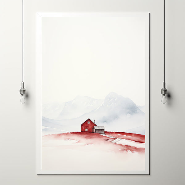 Red House Minimalist Poster - Snow-Capped Mountains Watercolor Art - Modern Scandinavian Style Wall Decor Print