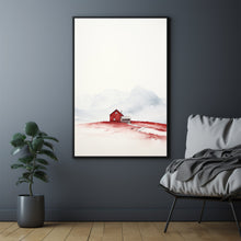 Red House Minimalist Poster - Snow-Capped Mountains Watercolor Art - Modern Scandinavian Style Wall Decor Print