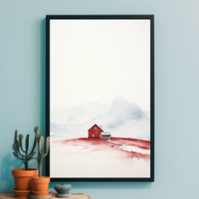 Red House Minimalist Poster - Snow-Capped Mountains Watercolor Art - Modern Scandinavian Style Wall Decor Print