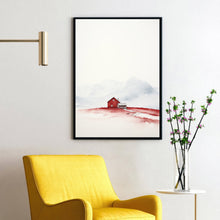 Red House Minimalist Poster - Snow-Capped Mountains Watercolor Art - Modern Scandinavian Style Wall Decor Print