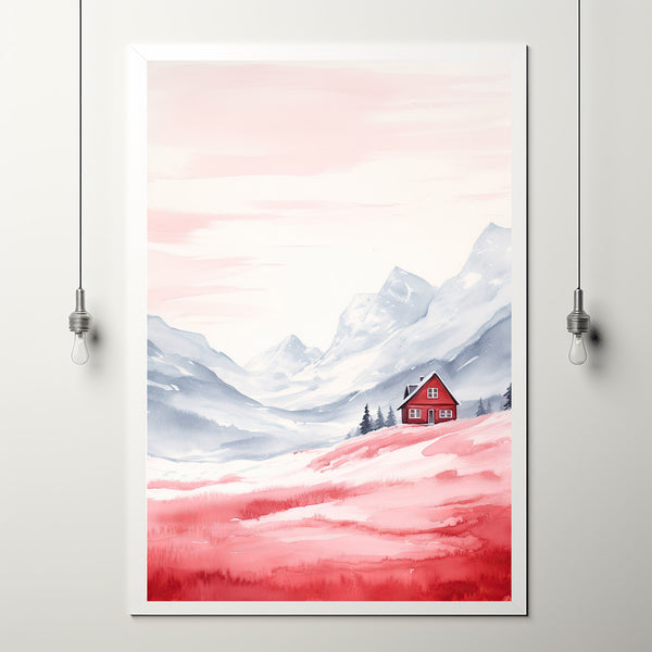 Red House Minimalist Poster - Snow-Capped Mountains Watercolor Art - Modern Scandinavian Style Wall Decor Print