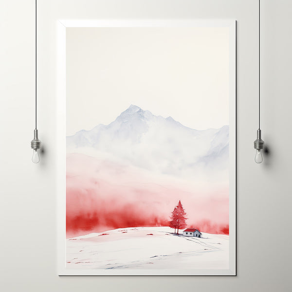 Minimalist Red House Watercolor Print - Snowy Mountain Landscape Poster - Modern Winter Art for Chic Home Decor