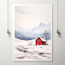 Minimalist Red House Watercolor Print - Snowy Mountain Landscape Poster - Modern Winter Art for Chic Home Decor