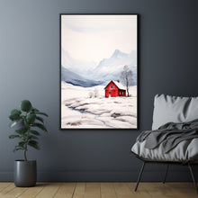 Minimalist Red House Watercolor Print - Snowy Mountain Landscape Poster - Modern Winter Art for Chic Home Decor