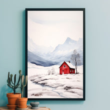 Minimalist Red House Watercolor Print - Snowy Mountain Landscape Poster - Modern Winter Art for Chic Home Decor
