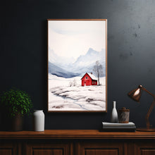 Minimalist Red House Watercolor Print - Snowy Mountain Landscape Poster - Modern Winter Art for Chic Home Decor