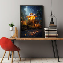 Enchanted Mushroom House in Forest with Fireflies Poster - Whimsical Woodland Art, Magical Nature Scene for Home Decor