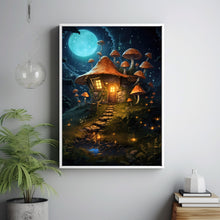 Enchanted Mushroom House in Forest with Fireflies Poster - Whimsical Woodland Art, Magical Nature Scene for Home Decor