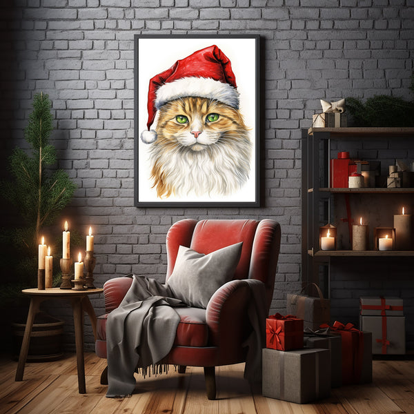 Adorable Cat in Santa Hat Poster - Perfect for Festive Holiday Decor