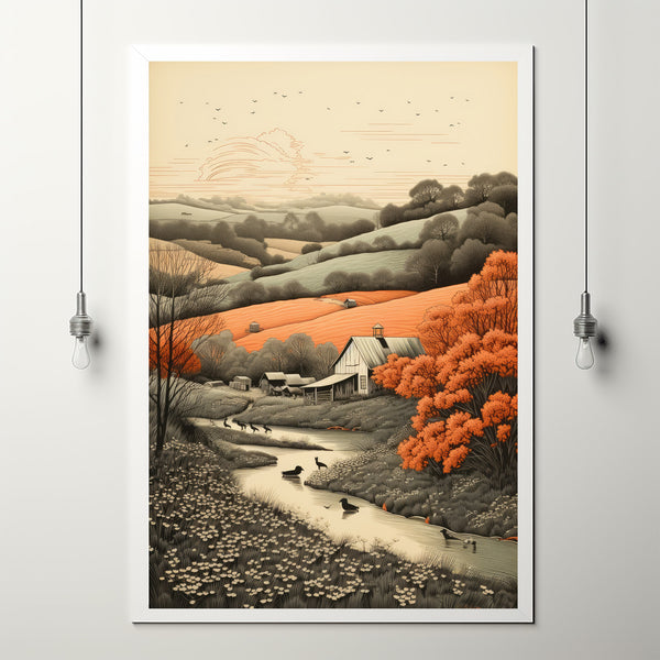 Rustic Farm Scene Poster - Simple Countryside Life Art Print - Charming Rural Landscape Wall Art for Country Style Decor