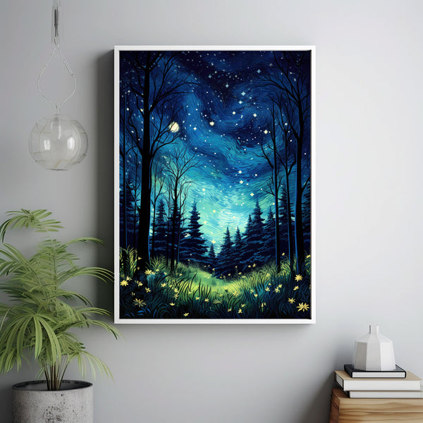 Van Gogh Inspired Spiritual Forest Starry Night Poster - Unique Metallic Art Print for Home Decor, Perfect Artistic Gift