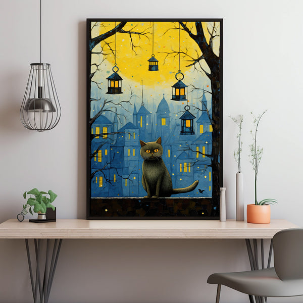 The Cat Watching the Birds Oil Painting Poster | Charming Cat Wall Art | Perfect Gift for Cat Lovers and Her