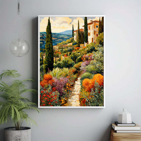 Tuscan Villa Garden in the Style of Gustav Klimt Poster - Tuscan Hills Landscape - Majestic Villa Amidst Vineyards | Framed Poster | Tuscan Countryside | Artful Countryside | Free Shipping
