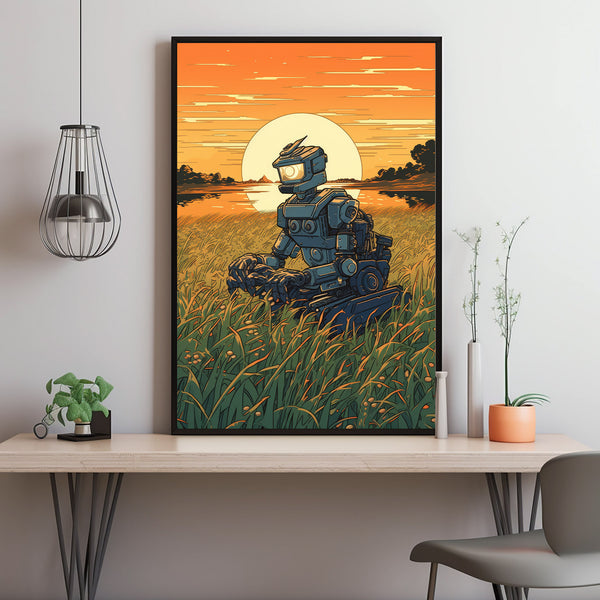 Robot Farming Rice Poster in Ukiyo-e Style | A Fusion of Futuristic and Traditional Art