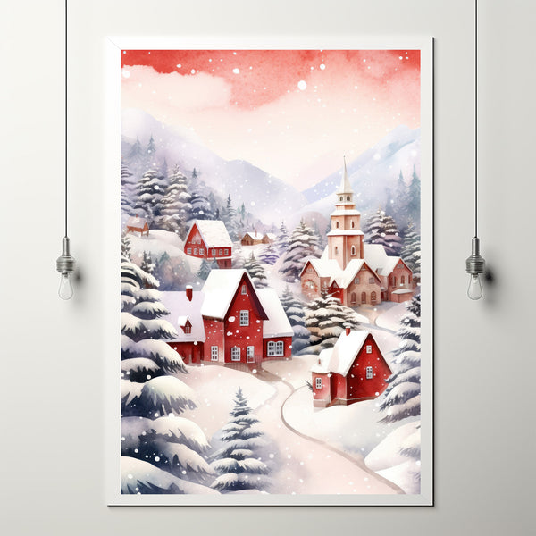 Scenic Red and White Snowy Village in Winter Poster | Charming Winter Landscape Wall Art Print | Cozy Holiday Home Decor