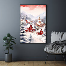 Scenic Red and White Snowy Village in Winter Poster | Charming Winter Landscape Wall Art Print | Cozy Holiday Home Decor