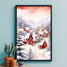 Scenic Red and White Snowy Village in Winter Poster | Charming Winter Landscape Wall Art Print | Cozy Holiday Home Decor