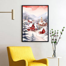 Scenic Red and White Snowy Village in Winter Poster | Charming Winter Landscape Wall Art Print | Cozy Holiday Home Decor