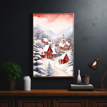 Scenic Red and White Snowy Village in Winter Poster | Charming Winter Landscape Wall Art Print | Cozy Holiday Home Decor