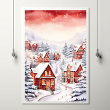 Snowy Village in Winter Poster | Charming Red and White Winter Scene | Cozy Snow-Covered Village Wall Art | Holiday Home Decor Prin