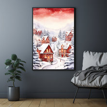 Snowy Village in Winter Poster | Charming Red and White Winter Scene | Cozy Snow-Covered Village Wall Art | Holiday Home Decor Prin