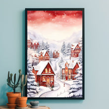 Snowy Village in Winter Poster | Charming Red and White Winter Scene | Cozy Snow-Covered Village Wall Art | Holiday Home Decor Prin