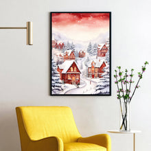 Snowy Village in Winter Poster | Charming Red and White Winter Scene | Cozy Snow-Covered Village Wall Art | Holiday Home Decor Prin