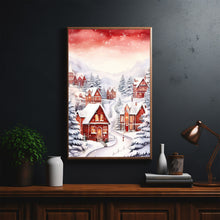 Snowy Village in Winter Poster | Charming Red and White Winter Scene | Cozy Snow-Covered Village Wall Art | Holiday Home Decor Prin