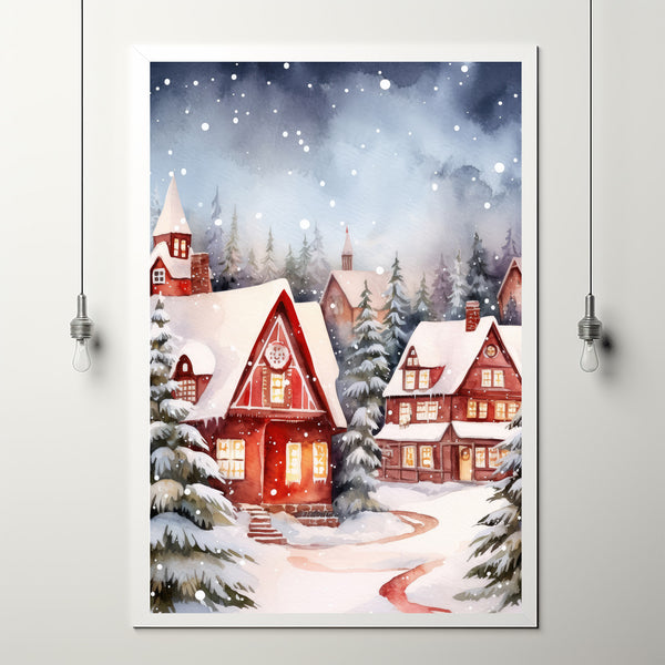 Snowy Village in Winter Poster | Charming Red and White Winter Scene | Cozy Snow-Covered Village Wall Art | Holiday Home Decor Prin