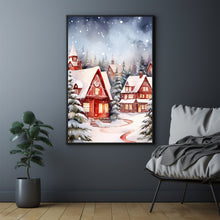 Snowy Village in Winter Poster | Charming Red and White Winter Scene | Cozy Snow-Covered Village Wall Art | Holiday Home Decor Prin