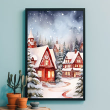 Snowy Village in Winter Poster | Charming Red and White Winter Scene | Cozy Snow-Covered Village Wall Art | Holiday Home Decor Prin