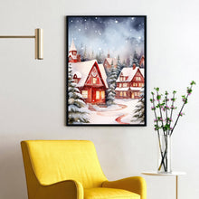 Snowy Village in Winter Poster | Charming Red and White Winter Scene | Cozy Snow-Covered Village Wall Art | Holiday Home Decor Prin